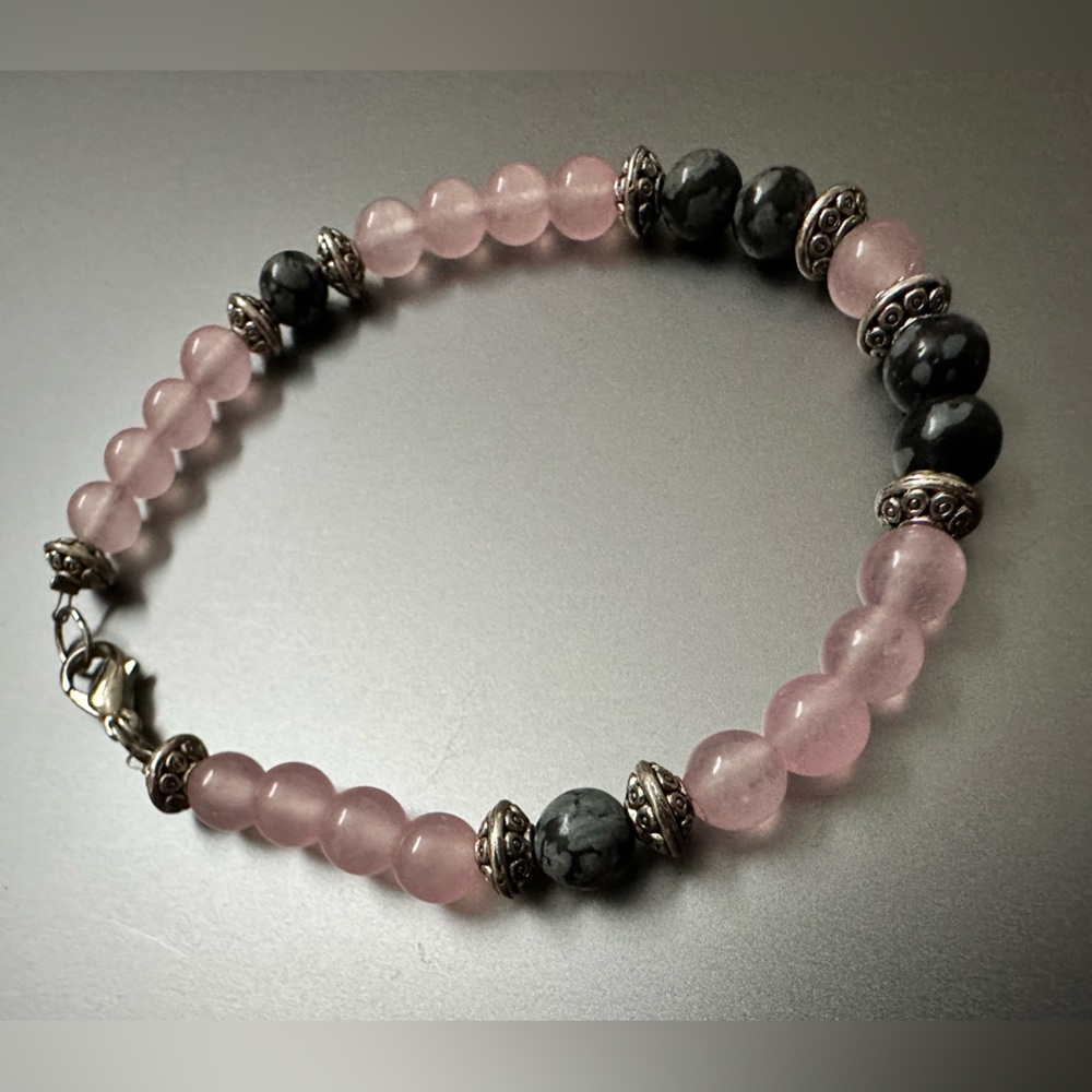 Pink and smoky grey natural stone bracelet, with silver accents. Handmade quartz